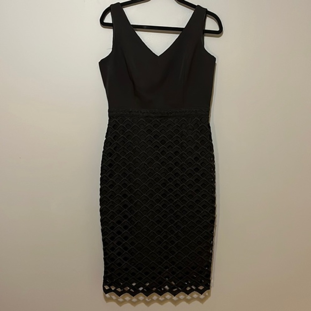 White House Black Market Black Sleeveless V-Neck Lace-Overlay Midi Dress